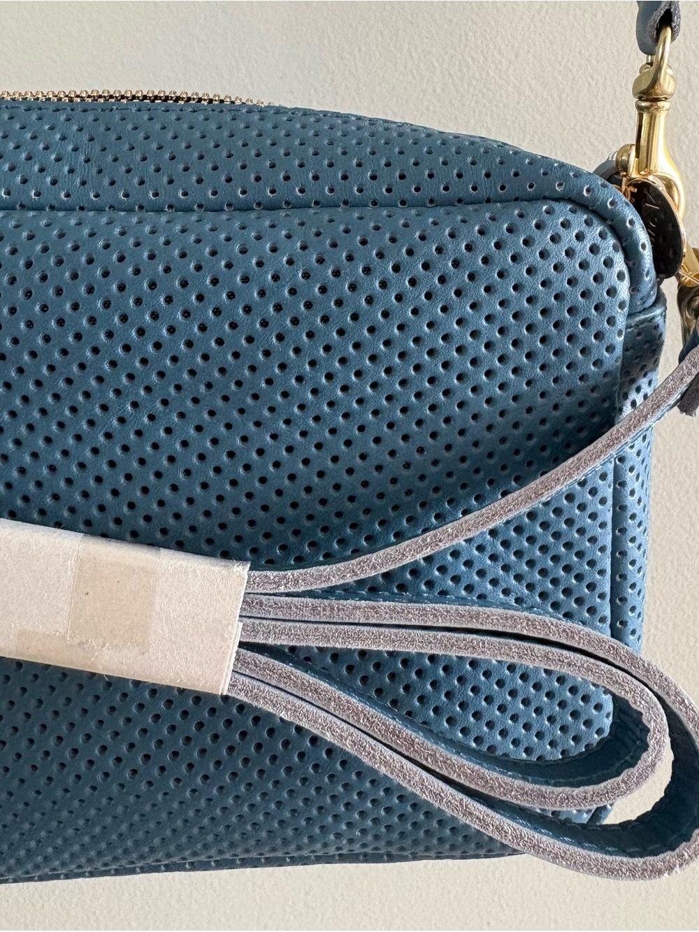 Clare V Midi Perforated Blue Crossbody Bag with Gold Hardware